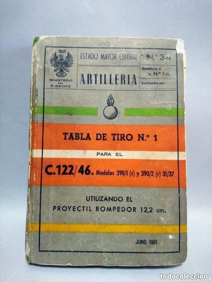 Militaria: Artiller&iacute;a. Tabla de tiro N&ordm; 1 para el C.122/46. Utilizando proyectil rompedor 12,2 cm. A&ntilde;o 1951