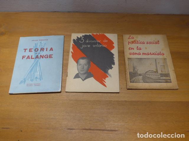 Militaria: Lote 3 antiguos libros de Guerra civil de Falange. Politica social marxista, Discursos Jose Antonio