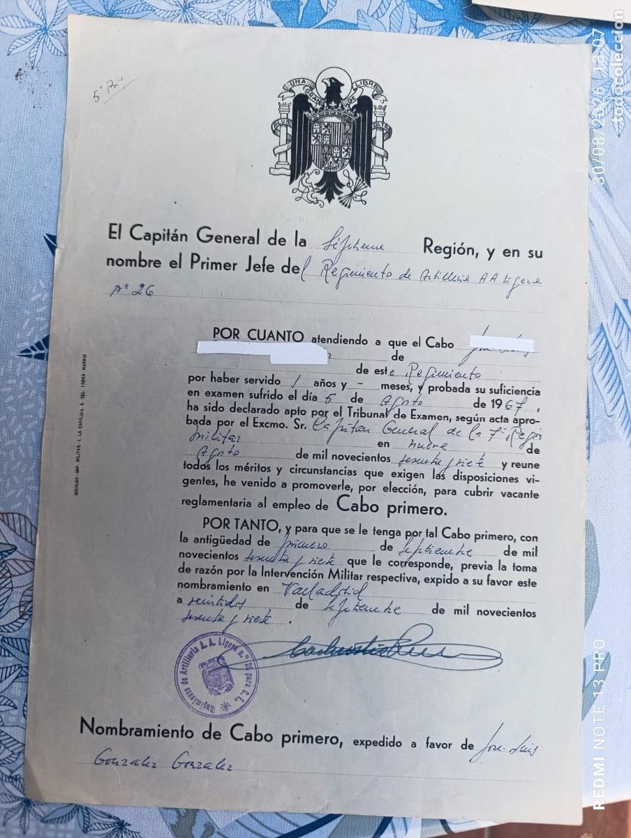 Militaria: NOMBRAMIENTO DE CABO PRIMERO. 1977.