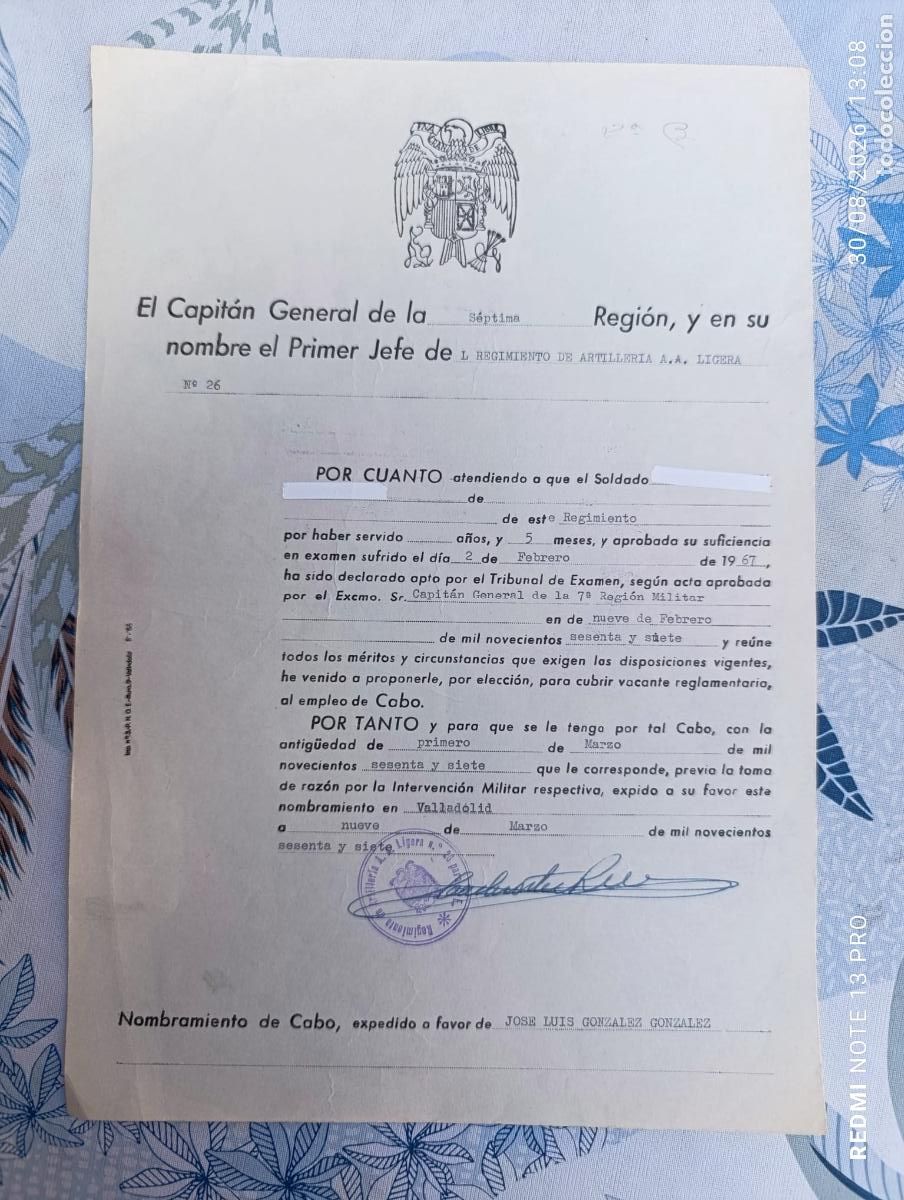 Militaria: NOMBRAMIENTO DE CABO. 1977.