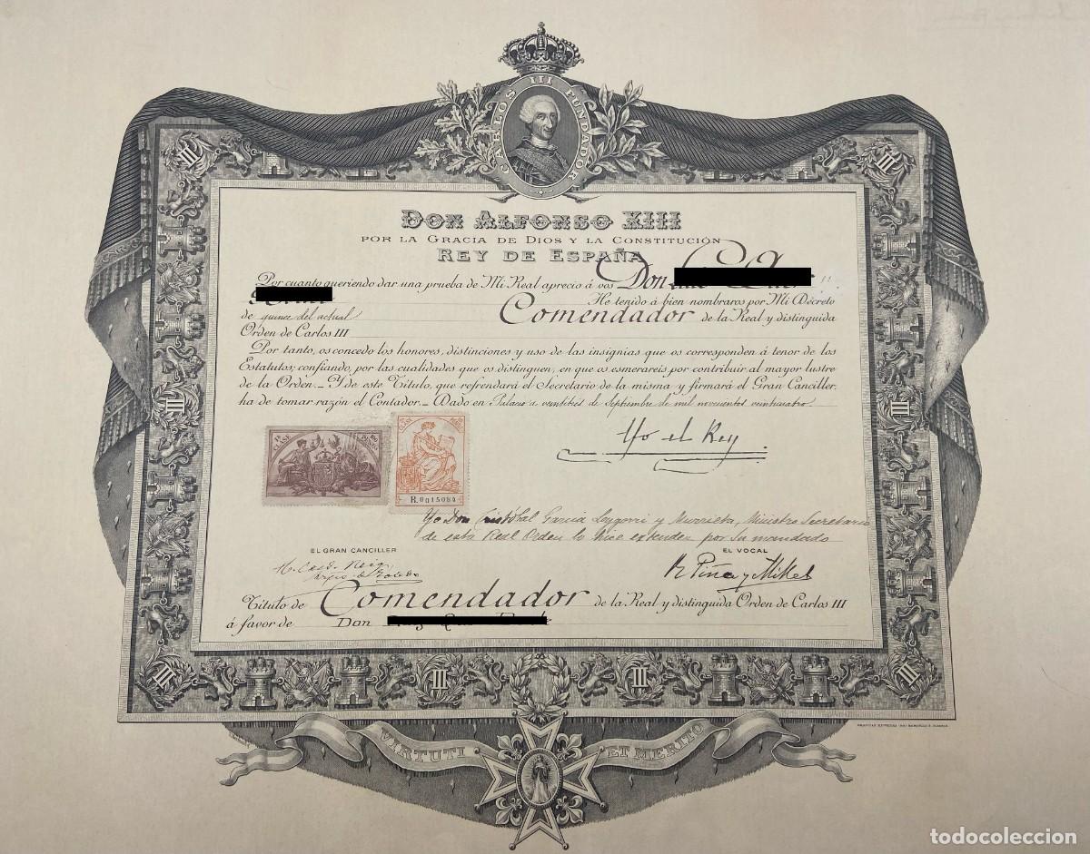 Militaria: ANTIGUA CONCESION COMENDADOR DE LA ORDEN DE CARLOS III - DIPLOMA MEDALLA