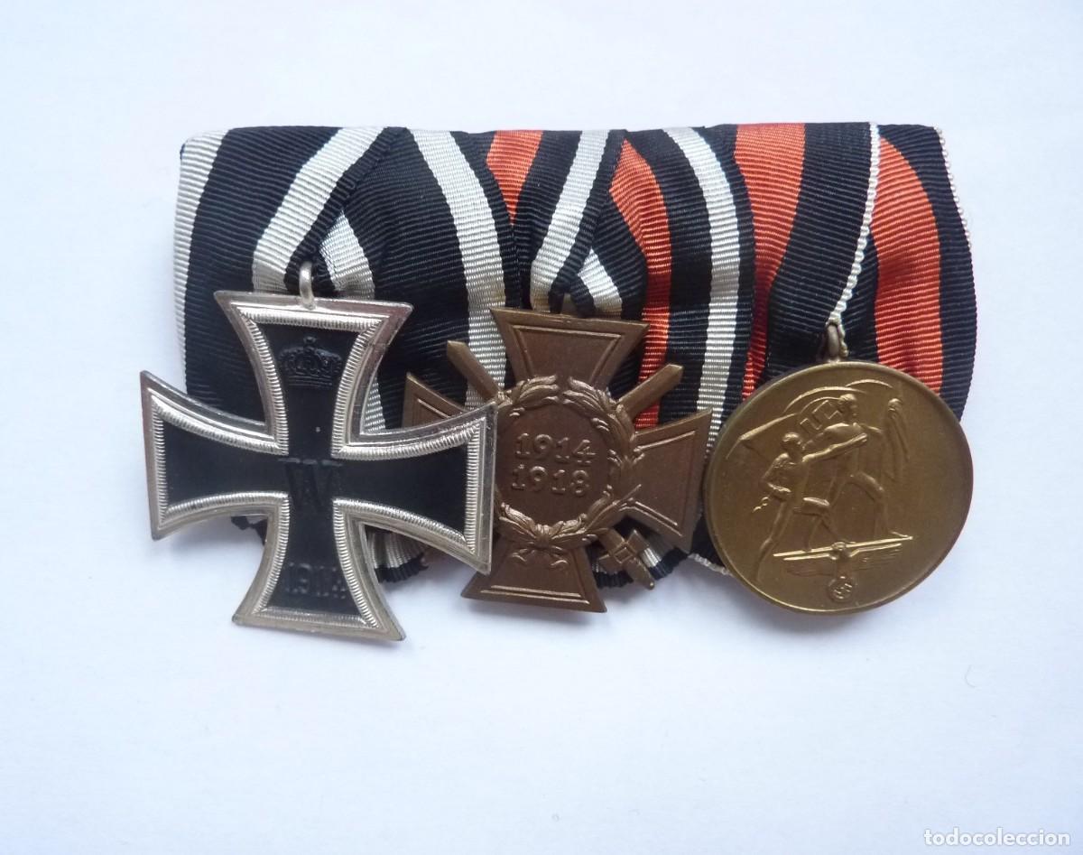 Militaria: Alemania: Pasador 3 medallas veterano 1&ordf; y 2&ordf; Guerra Mundial - Cruz de Hierro y Anexi&oacute;n Sudetes