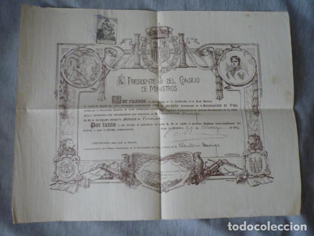 Militaria: CONCESION MEDALLA RECONQUISTA DE VIGO 1916 30 X 40 CM