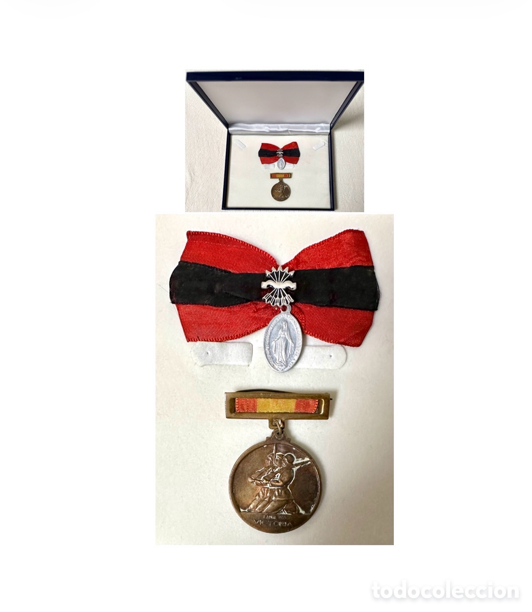 Militaria: Medalla de la Victoria de la Guerra Civil y cinta de la Falange Espa&ntilde;ola.