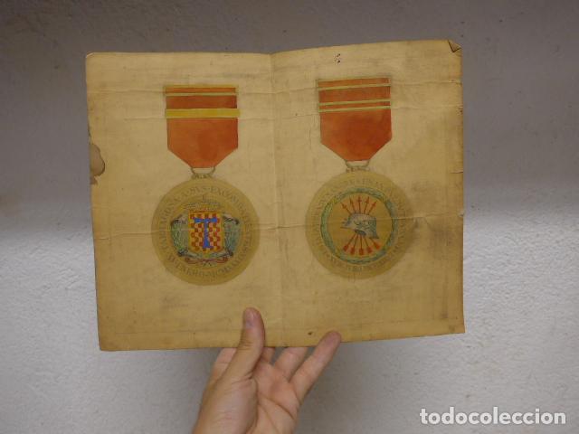 Militaria: Antiguo dibujo proyecto de medalla excombatientes de Tarragona, castells, guerra civil Division azul