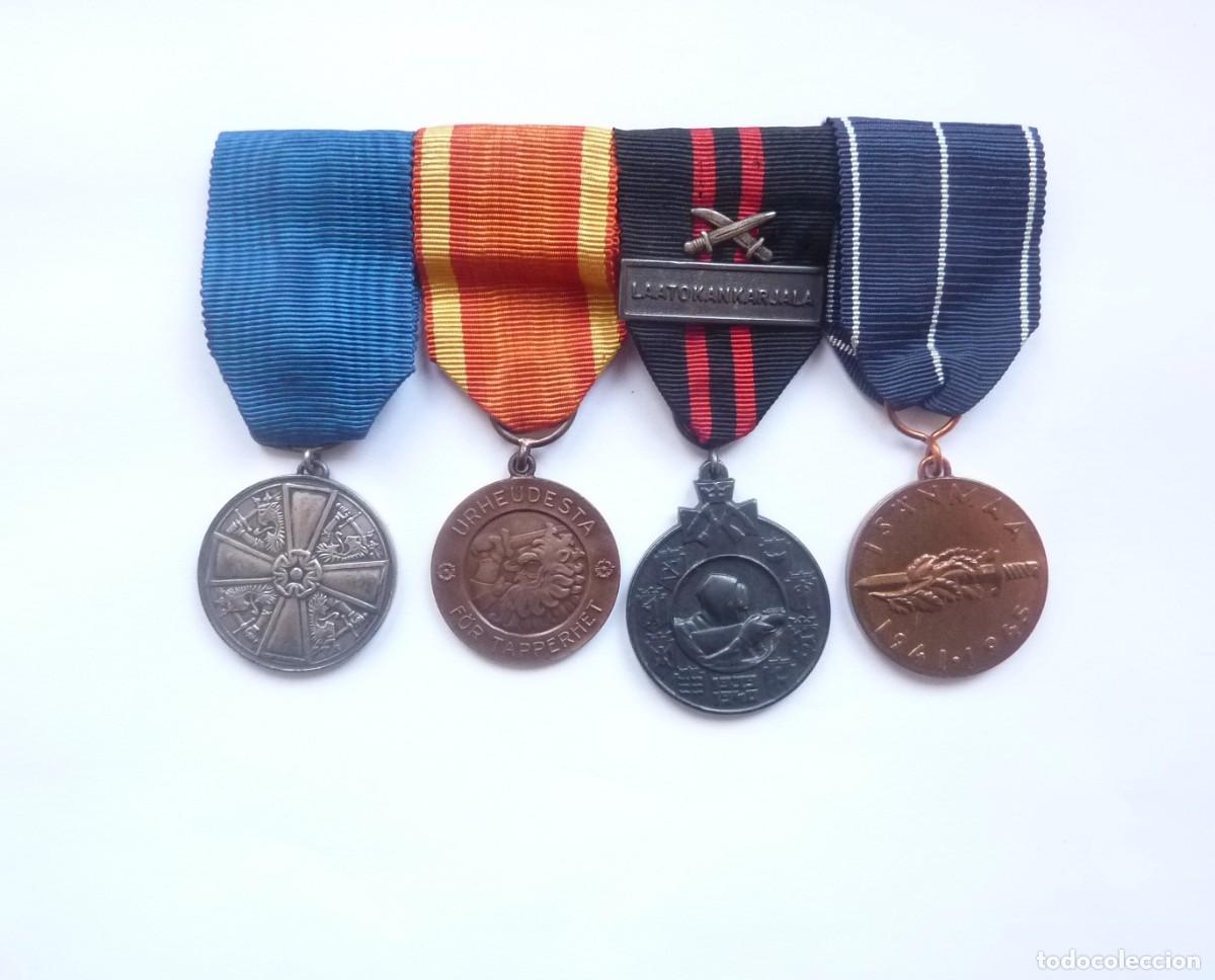 Militaria: Finlandia: Buen pasador 4 medallas, veterano finland&eacute;s Segunda Guerra Mundial en Carelia.