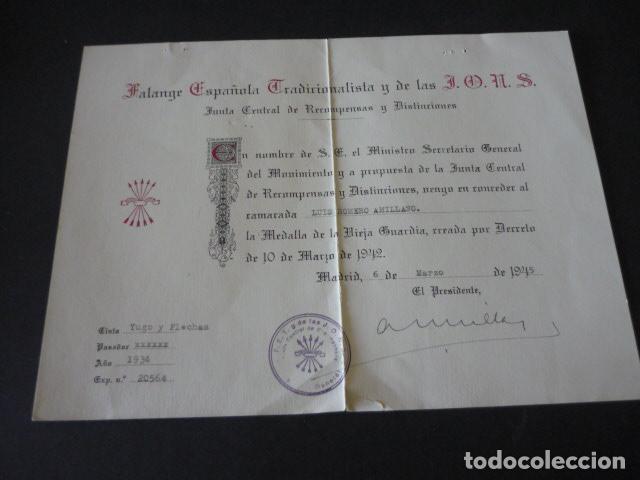 Militaria: DIPLOMA CONCESION MEDALLA VIEJA GUARDIA FALANGE ESPA&Ntilde;OLA 1945