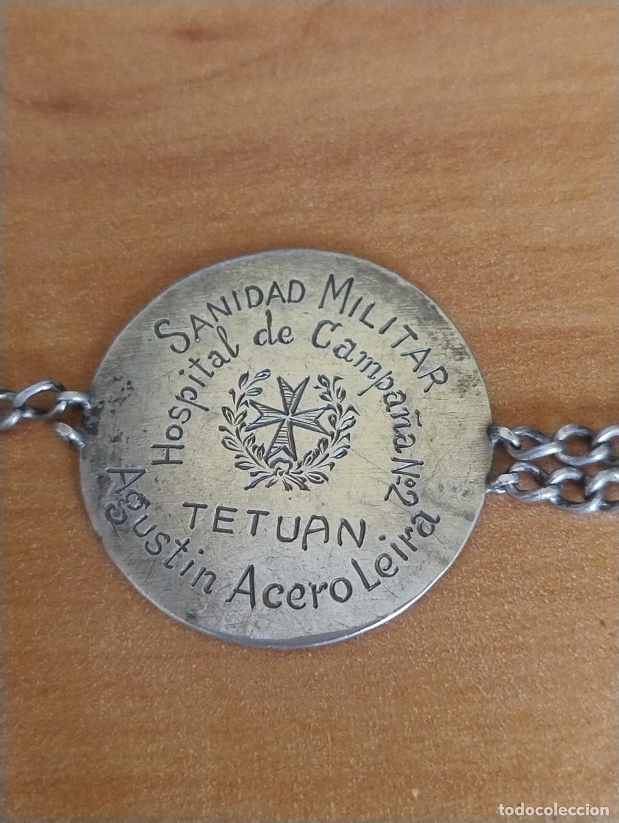 Militaria: Curiosa pulsera hecha con medalla Virgen del Pilar. Sanidad militar. Tetuan. Hospital de campa&ntilde;a