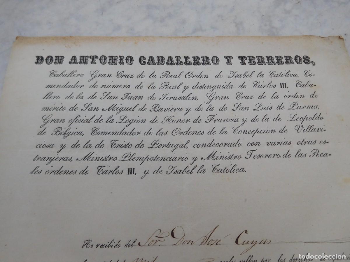 Militaria: Documento derechos de expedici&oacute;n cruz de caballero de la real orden de Isabel la cat&oacute;lica a&ntilde;o 1856