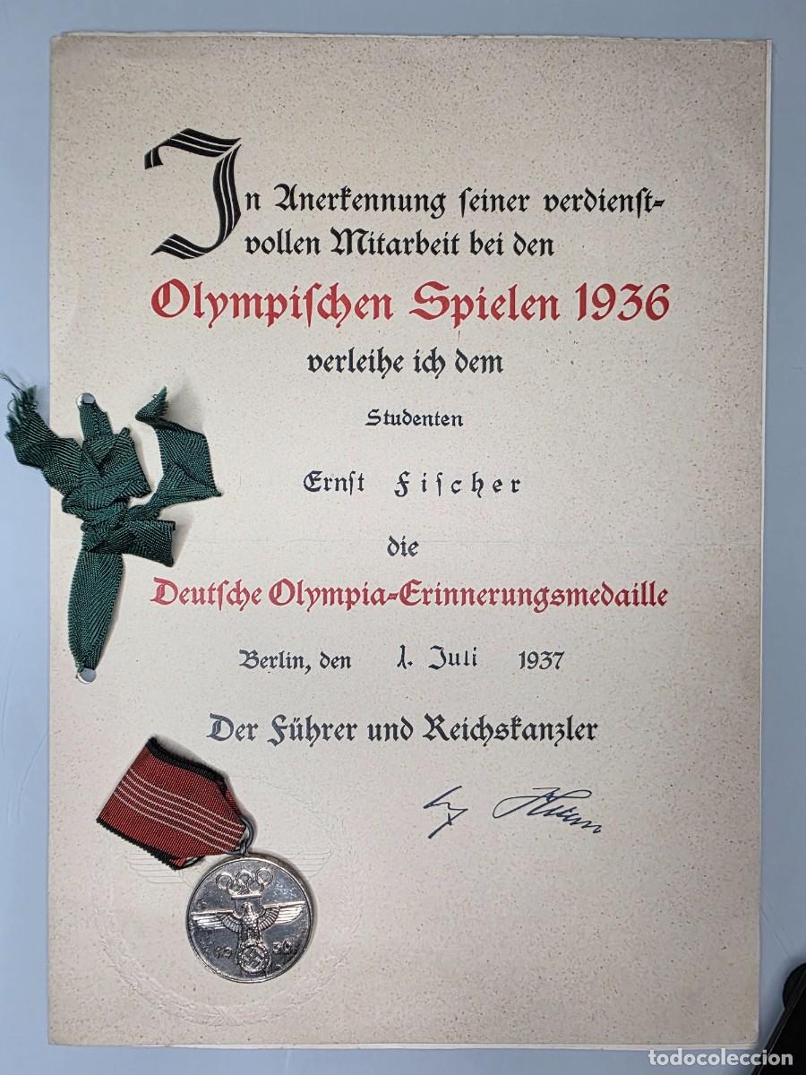 Militaria: Medalla Juegos Ol&iacute;mpicos Berl&iacute;n 1936 + certificado Ernst Fischer 1937 original