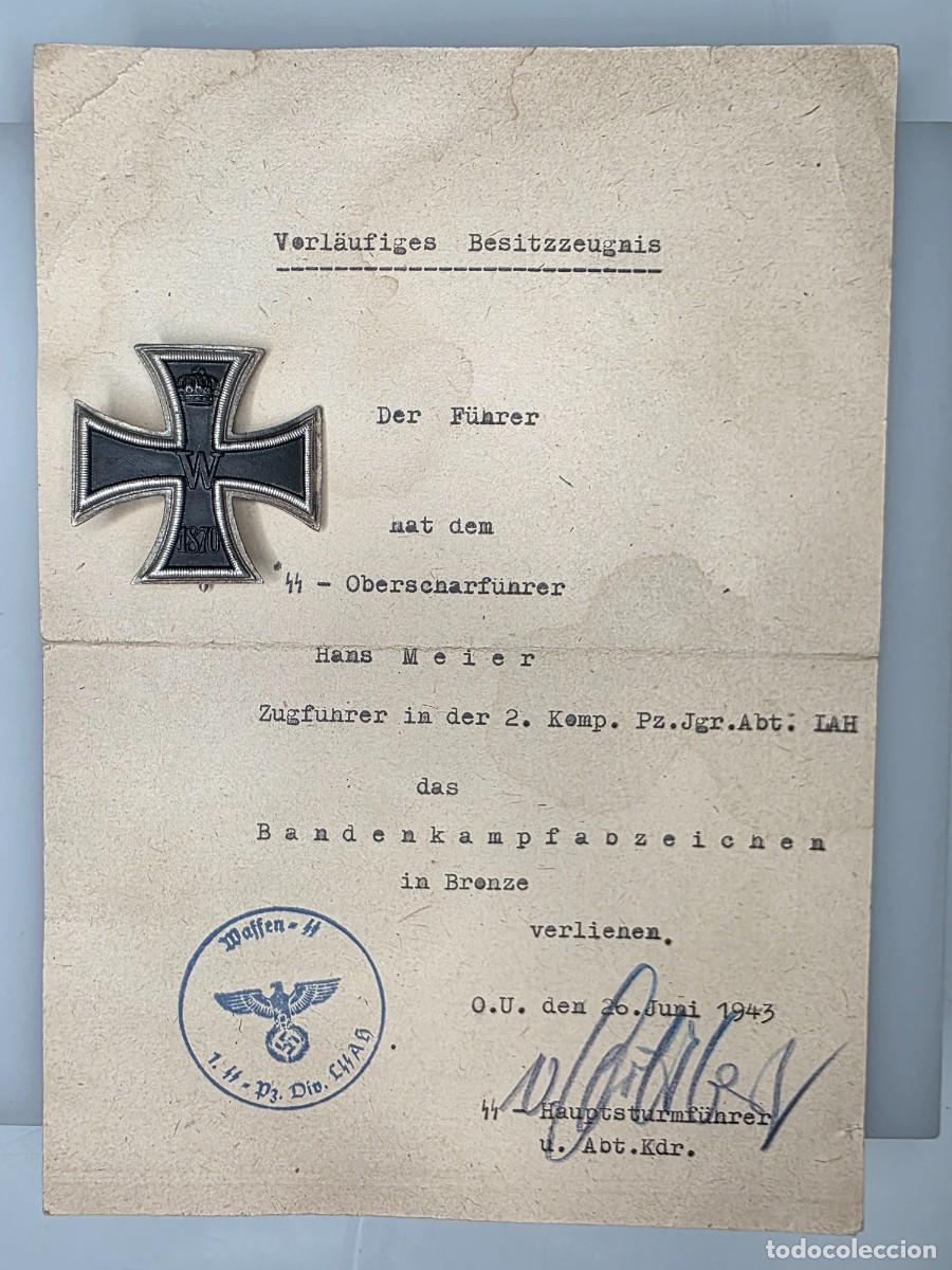 Militaria: Cruz de Hierro 1&ordf; Clase 1870 reproducci&oacute;n + documento alem&aacute;n de coleccionista