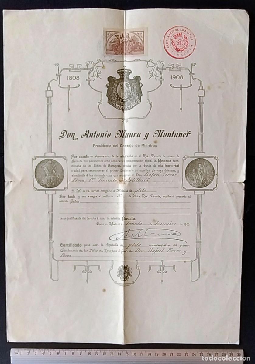 Militaria: DIPLOMA MEDALLA DE PLATA CENTENARIO SITIOS ZARAGOZA.