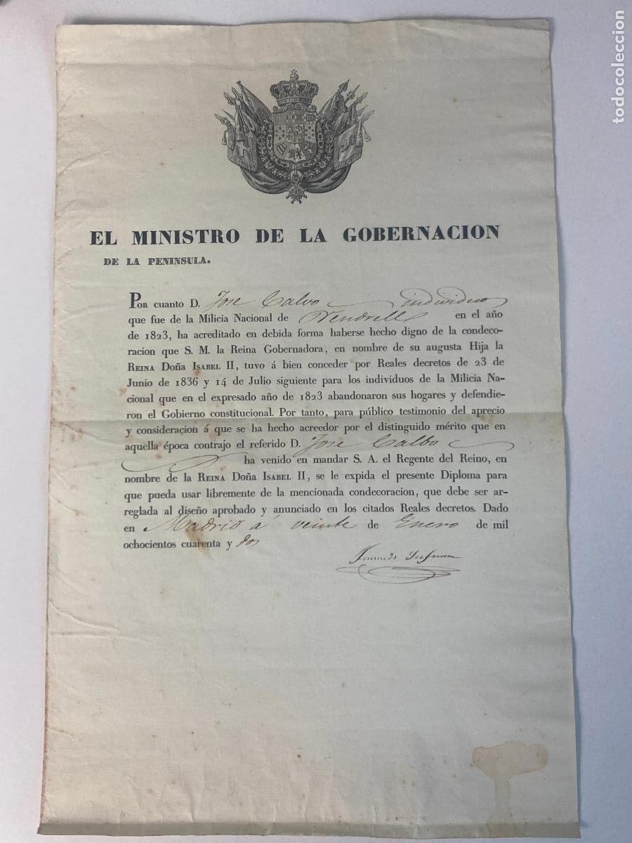 Militaria: DIPLOMA, EL MINISTRO DE LA GOBERNACION DE LA PENINSULA, OTORGACION CONDECORACION