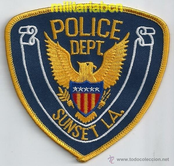 Militaria: Insignia de tela de Polic&iacute;a de los Estados Unidos. Sunset Police. LA.
