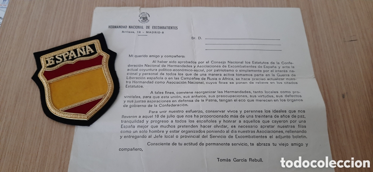 Militaria: Parche y documento hermandad nacional de excombatientes division Azul