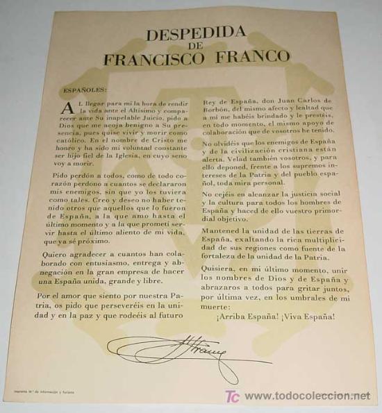 Militaria: Ultimo discurso de despedida de  Franco 1975 , IMPRENTA DEL MINISTERIO DE INFORMACION Y TURISMO - Me