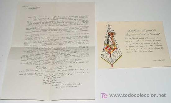 Militaria: ANTIGUA CARTA Y INVITACION DE LA JEFATURA REGIONAL DEL REQUETE DE ANDALUCIA OCCIDENTAL. EL REQUET&Eacute; V