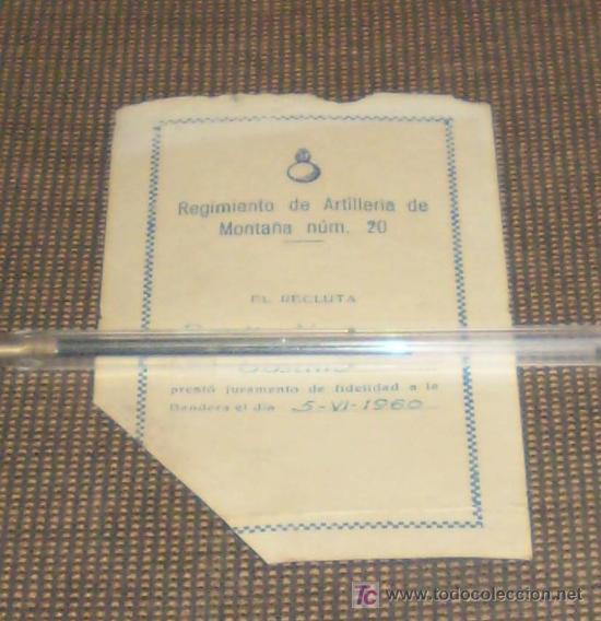 Militaria: TARJETA DE JURA DEL REGIMIENTO DE ARTILLERIA DE MONTA&Ntilde;A NUM. 20. JUN 1960.