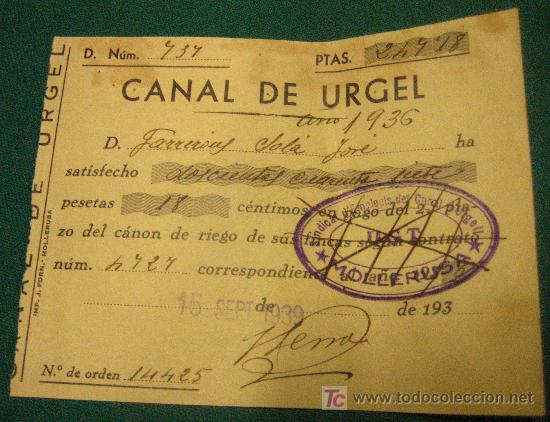 Militaria: Recibo Canal de Urgel, estampado UGT, 1939