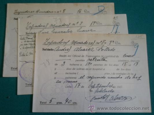 Militaria: 3 recibos de cobro de transe&uacute;ntes, 1937, con estampillado Republicano