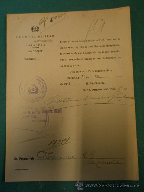 Militaria: Documento tama&ntilde;o cuartilla, Hospital Militar de Hermanitas, Zaragoza, con estampillado Republicano