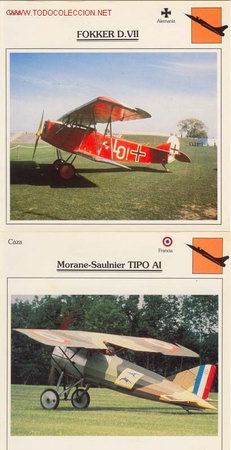 Militaria: 2 Fichas Aviones Militares I GM / Fokker D.VII y Morane-Saulnier AI