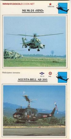 Militaria: 2 Fichas Helicopteros Militares/ Mil Mi-24 / Agusta-Bell AB-205