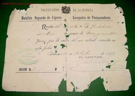 Militaria: ANTIGUO RECIBO DEL BATALLON SEGUNDO DE LIGEROS - COMPA&Ntilde;IA DE FLANQUEADORES . VOLUNTARIOS DE LA HABAN