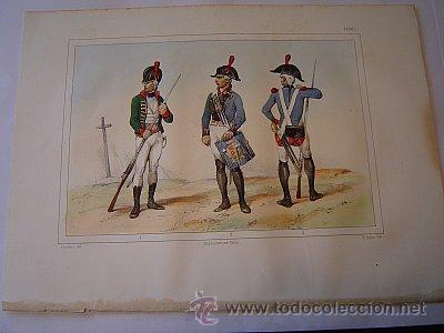 Militaria: 1853  CROMOLITOGRAF&Iacute;A DE CAZADOR, TAMBOR Y SARGENTO  EN 1802