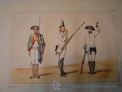 Militaria: 1853  CROMOLITOGRAF&Iacute;A DE SOLDADO LIGERO, GRANADERO Y FUSILERO EN 1798