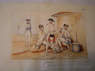Militaria: 1853  CROMOLITOGRAF&Iacute;A DE TAMBOR , PIFANO, SARGENTO Y SOLDADO EN 1780