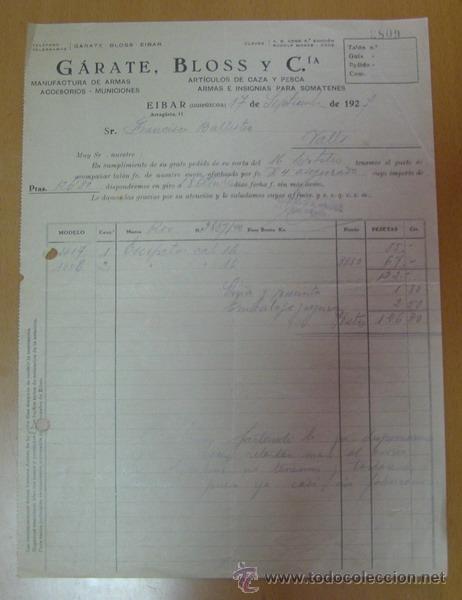 Militaria: Factura de la empresa G&Aacute;RATE , BLOSS Y CIA.,(art&iacute;culos de caza, pesca, y somaten). A&ntilde;o 1927.