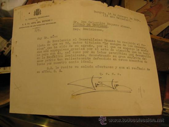 Militaria: CARTA DE CORONEL SECRETARIO S.E.EL JEFE DEL ESTADO A CELESTINO VAQUERO - ENVIO LIBRO BURGOS 1938