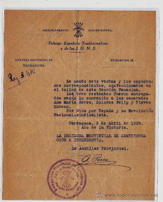 Militaria: documento/carta de la falange espa&ntilde;ola tradicionalista y de las j.o.n.s.- tarragona - abril a&ntilde;o1939