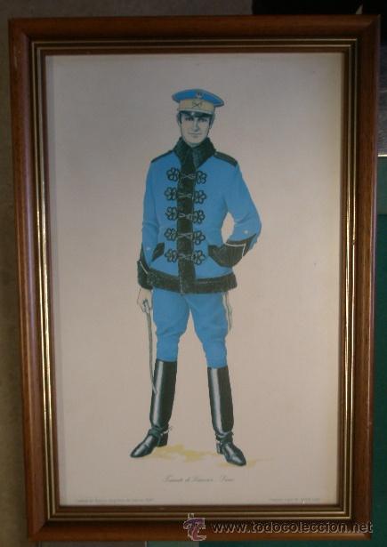 Militaria: L&aacute;mina enmarcada de 38 x 26 cms, Teniente de Lanceros-Diario