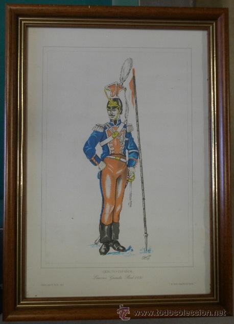 Militaria: L&aacute;mina enmarcada de 36 x 26 cms, Lanceros Guardia Real, 1830