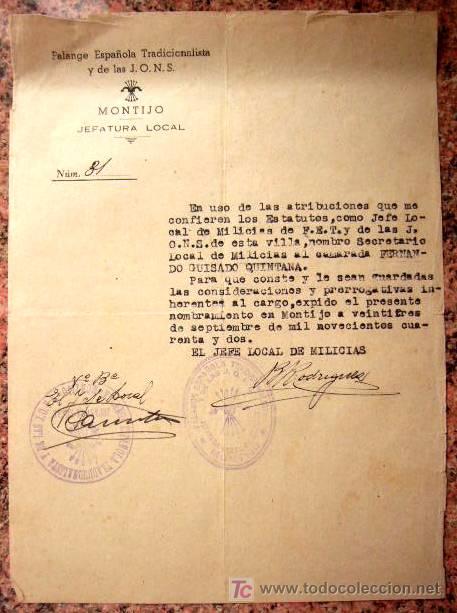 Militaria: NOMBRAMIENTO DE SECRETARIO LOCAL DE MILICIAS DE F.E.T. MONTIJO. BADAJOZ. 23-9-1942