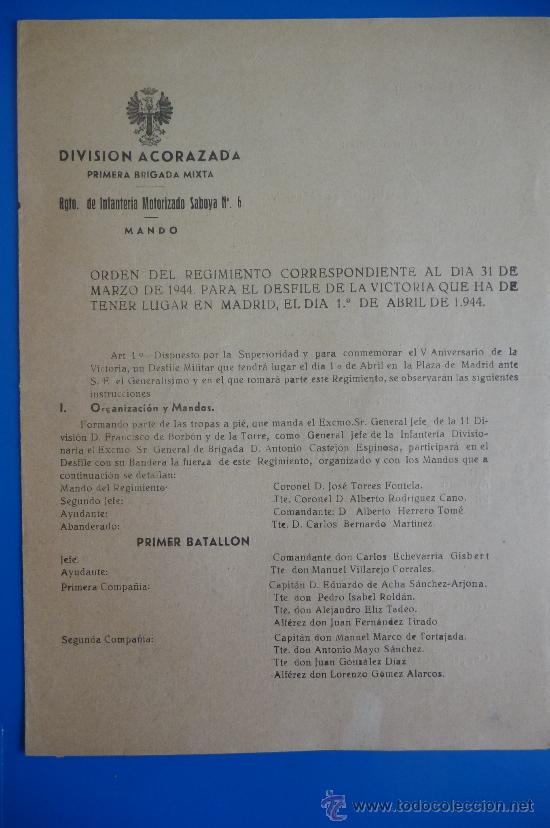 Militaria: (JX-50)ORDEN DEL REGIMIENTO DE INFANTERIA SABOYA PERTENECIENTE A EX-DIVISION AZUL