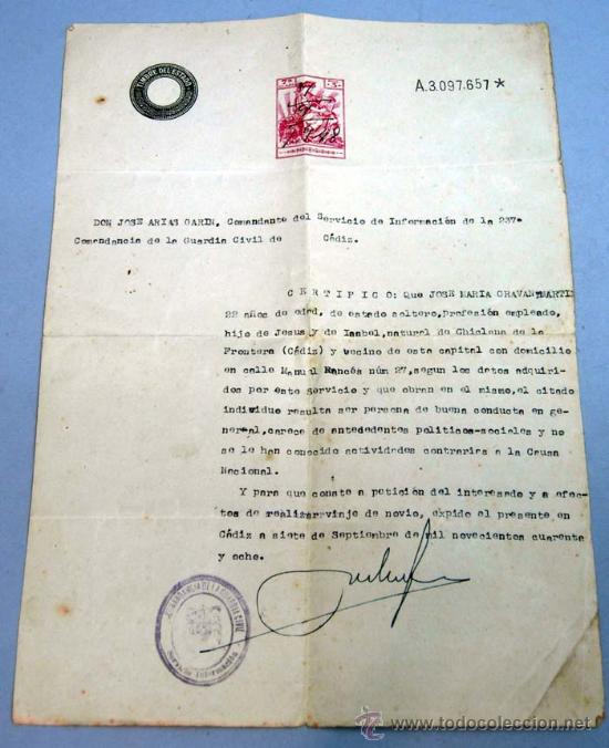 Certificado buena conducta cádiz 1948 expedido - Vendido 