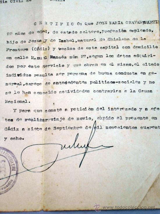 Certificado buena conducta cádiz 1948 expedido - Comprar 