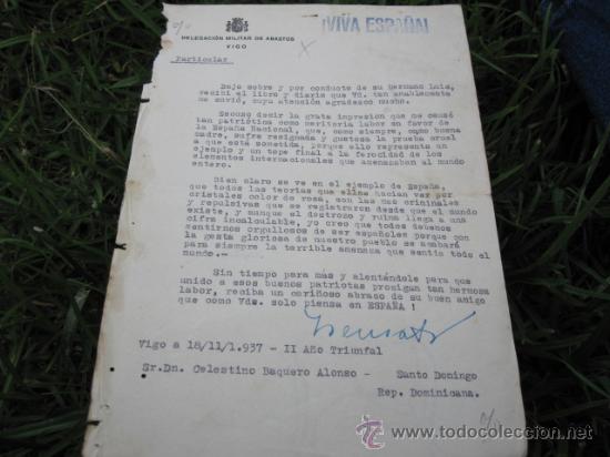 Militaria: VIGO DELEGACION MILITAR DE ABASTOS - NOV 1937 - JAVIER SENSAT A CELESTINO VAQUERO EN CIUDAD TRUJILLO
