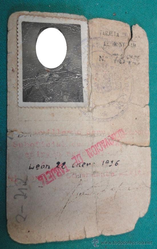 Militaria: Tarjeta de identidad, Le&oacute;n 1936, con estampado epublicano