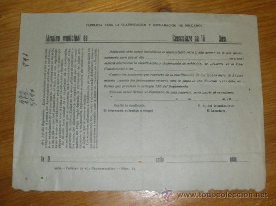 Militaria: PAPELETA PARA LA CLASIFICACION Y DECLARACION DE SOLDADOS. REEMPLAZO DE MOZOS.