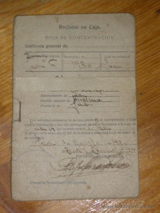 Militaria: RECLUTAS EN CAJA, HOJA DE CONCENTRACION. JAEN 1930. ORDEN DE MARCHA.