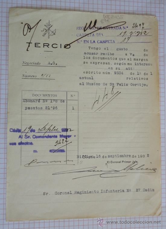 Militaria: Documento Regimiento de Infanter&iacute;a C&aacute;diz n&ordm; 27, La Legi&oacute;n, 10 de septiembre de 1931