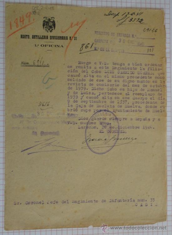 Militaria: Documento Regimiento de Artiller&iacute;a Divisionaria n&ordm;31, 1&ordf; oficina, 26.dic.1940