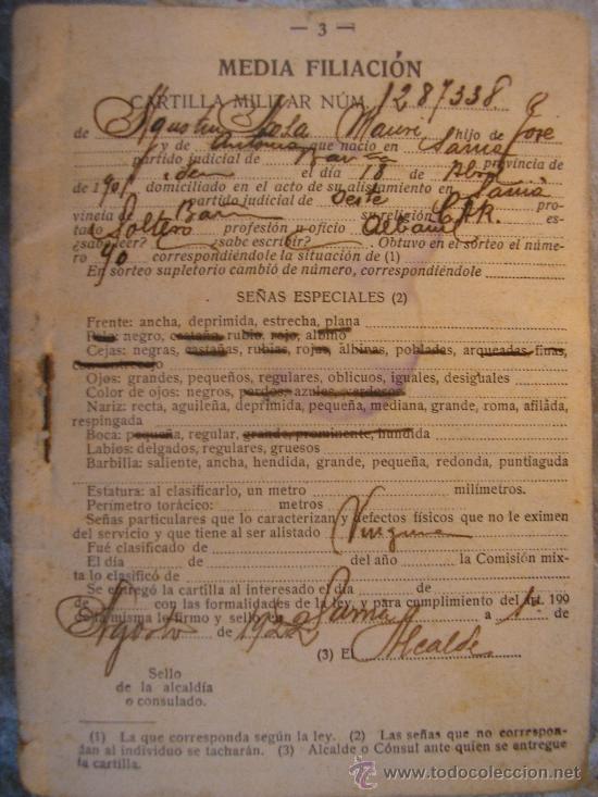 Militaria: EJERCITO CARTILLA MILITAR- REGIMIENTO DE ARTILLERIA BARCELONA 1922 REVISIONES Y SELLOS C-16
