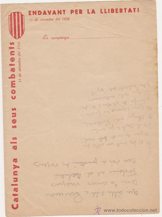Militaria: Papel de correspondencia Catalunya als seus Combatens-Endavant per la Llibertat 11 de Setembre 1938