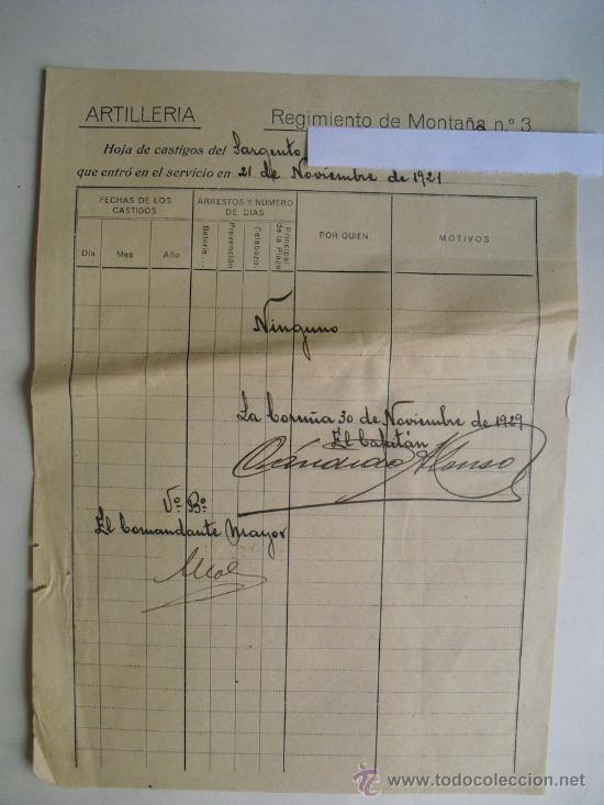 Military Antiques: 1929  REGIMIENTO DE ARTILLERIA DE MONTA&Ntilde;A N&ordm; 3  HOJA DE CASTIGOS DE SARGENTO