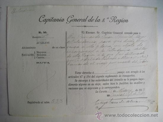 Militaria: 1913 PASE CONCEDIDO POR EL CAPITAN GENERAL A UN MAYOR DEL EJERCITO